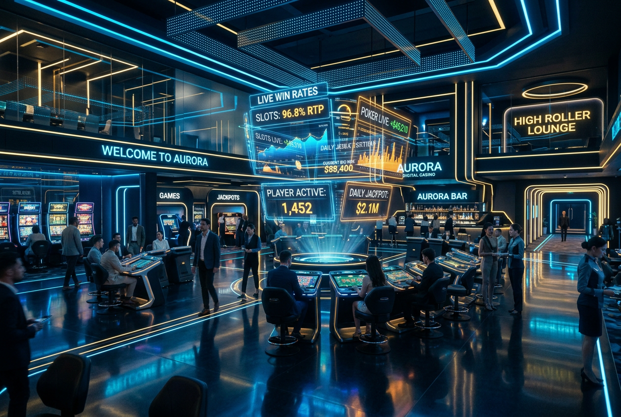 Futuristické digitální casino s neonovými datovými displeji a analýzou dat v reálném čase