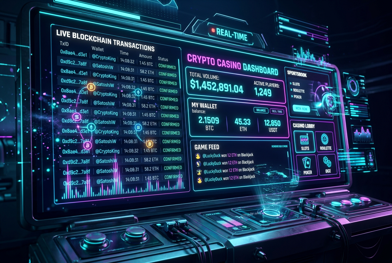 Moderní digitální rozhraní krypto kasina s vizualizací blockchainu